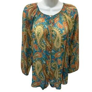 Sundance Pullover 100% SILK Sheer Paisley Peasant Top Sz L Smocked Neck Billowy